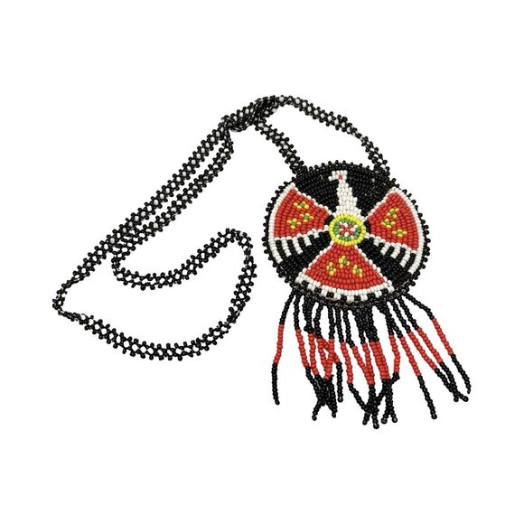 VTG Black Thunderbird Native American Medallion Necklace Seed Bead Leather Back - Picture 6 of 10